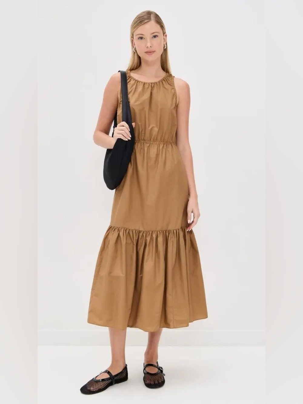 NWT Theory Soft Lawn Sleeveless Gathered Bronze Tiered Midi Dress Cotton Blend S